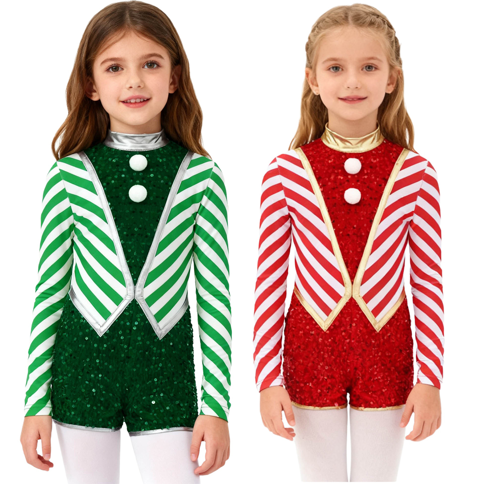 Kids Girls Long Sleeve Sequin  - Elf Costume Christmas 评论和价格