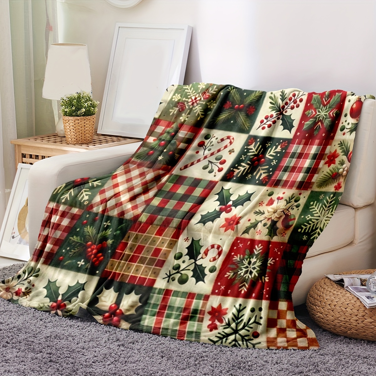 Festive Patchwork Throw Blanke - Christmas Throw Blanket 评论和价格