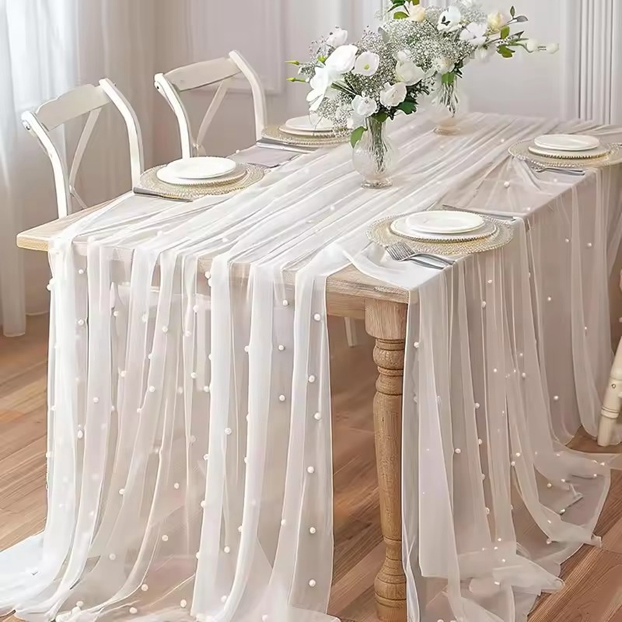 300x80cm Pearl Sheer Tulle Tab - Christmas Table Runner 评论和价格