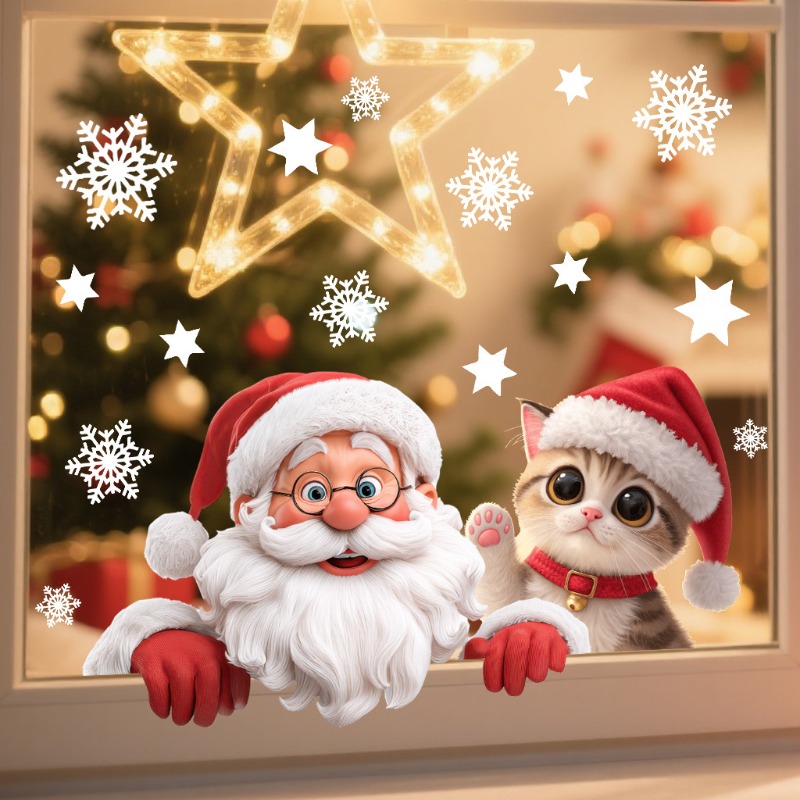 Kitten Santa Claus Window Stic - Snowflake Window Decal 评论和价格