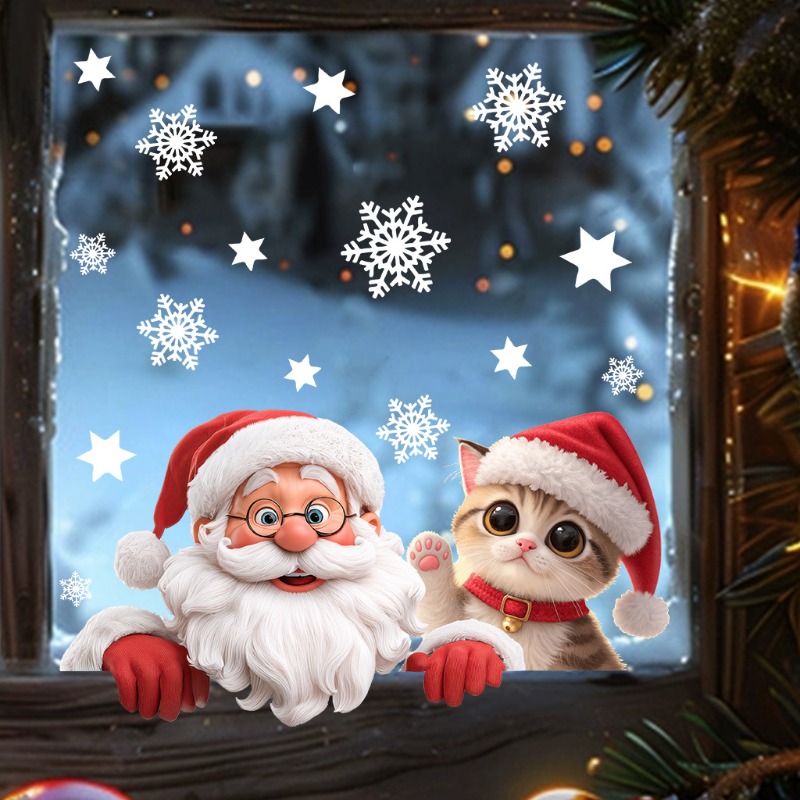 Kitten Santa Claus Window Stic - Snowflake Window Decal 评论和价格